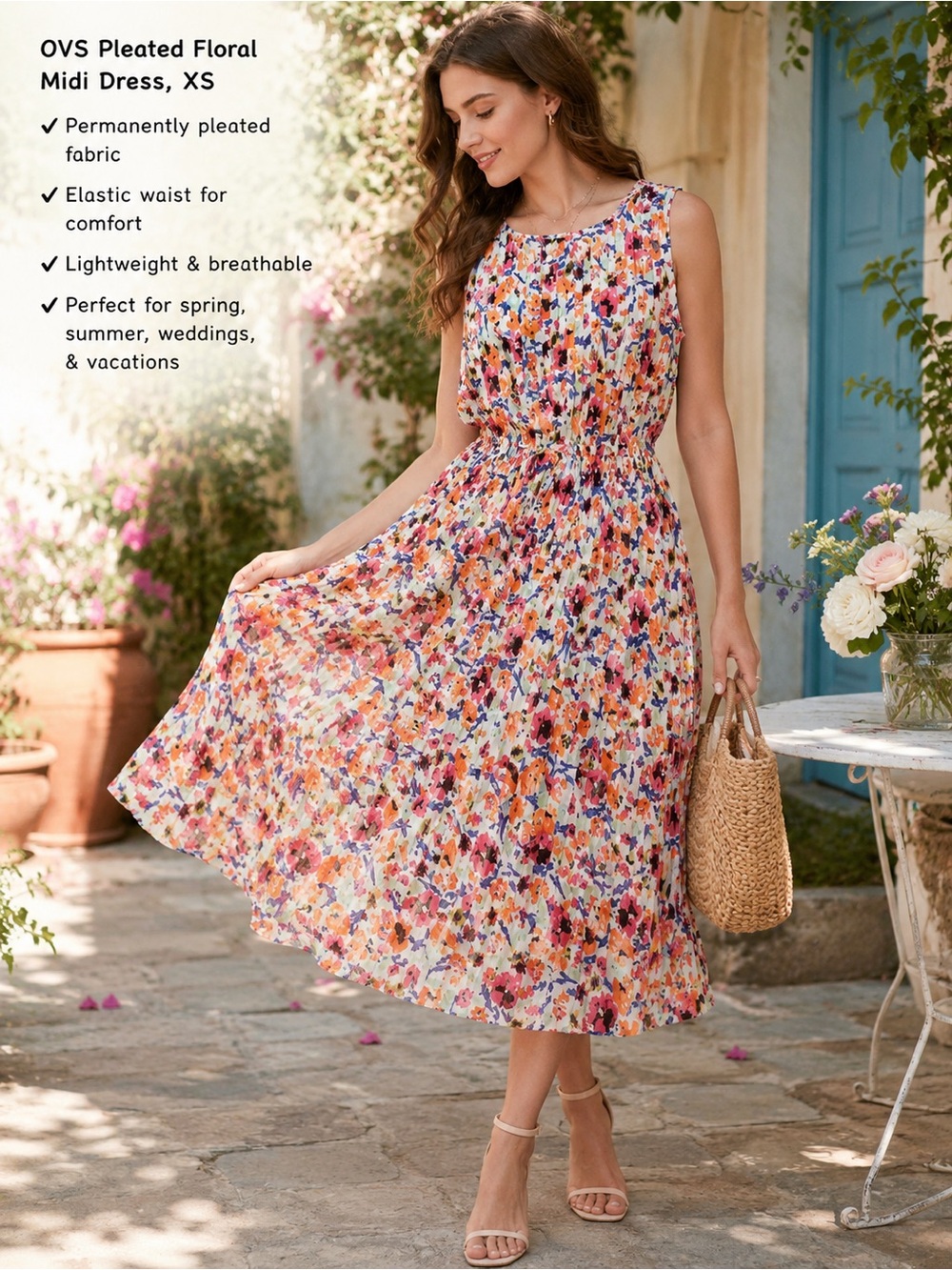 OVS Pleated Floral Midi Dress Sleeveless Watercolor Print Fit & Flare XS